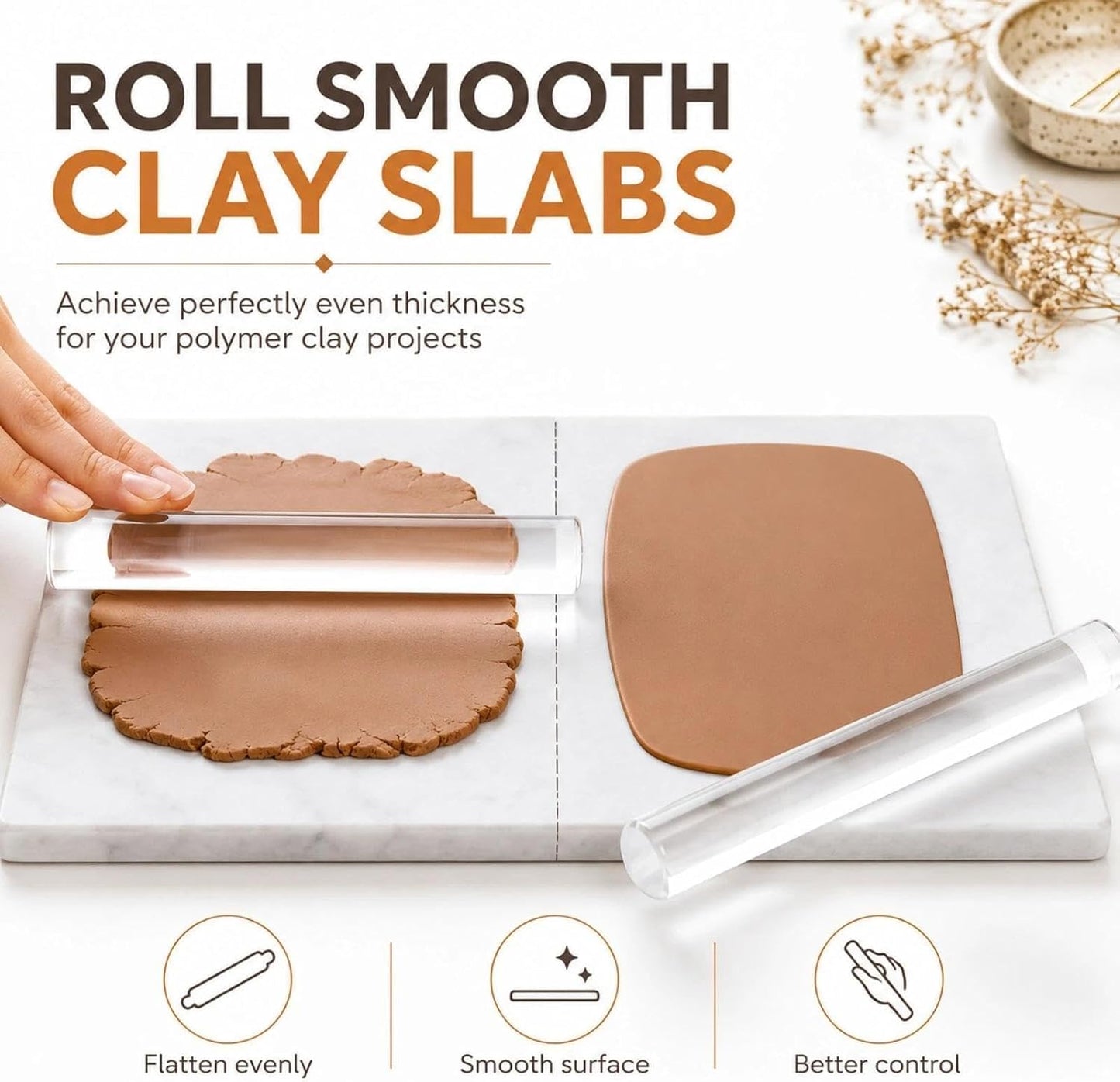 12 Pcs Polymer Clay Tools Kit, Acrylic Roller Rolling Pin Cutters | Air Dry Clay Sculpting Supplies Set, Small Clear Craft Roller, Tissue Blades Knife Slicer, Sheet Press Board, Texture Needle