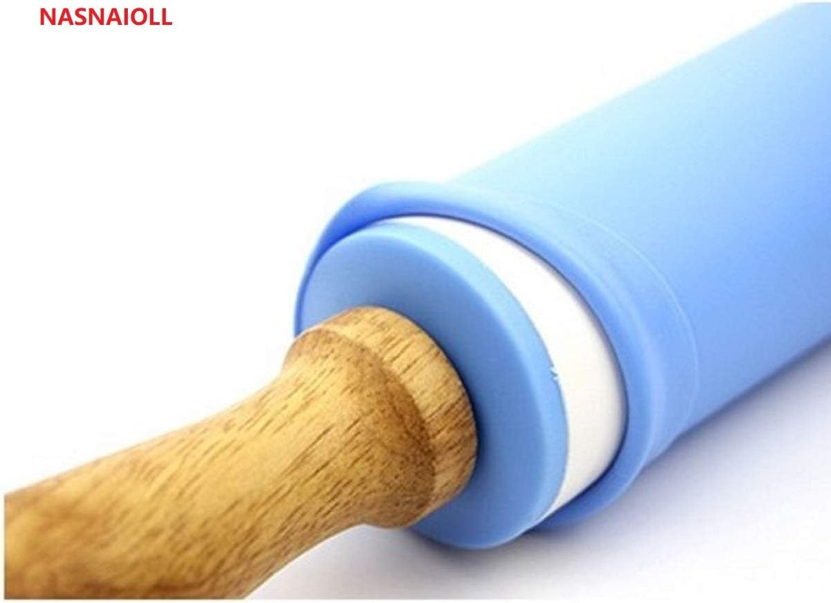 Silicone Rolling Pin with Wooden Handle - Non Stick Surface Dough Roller-roller pins for baking Pastry,Pizza,Fondant,Tortilla, Bread Crus& Christmas Cookies Supplies Gift for Home Bakers.