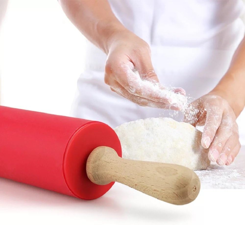 Silicone Rolling Pin with Wooden Handle - Non Stick Surface Dough Roller-roller pins for baking Pastry,Pizza,Fondant,Tortilla, Bread Crus& Christmas Cookies Supplies Gift for Home Bakers.