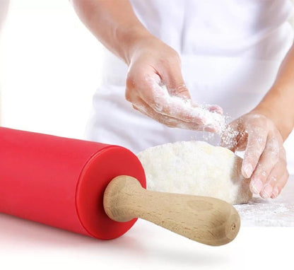 Silicone Rolling Pin with Wooden Handle - Non Stick Surface Dough Roller-roller pins for baking Pastry,Pizza,Fondant,Tortilla, Bread Crus& Christmas Cookies Supplies Gift for Home Bakers.