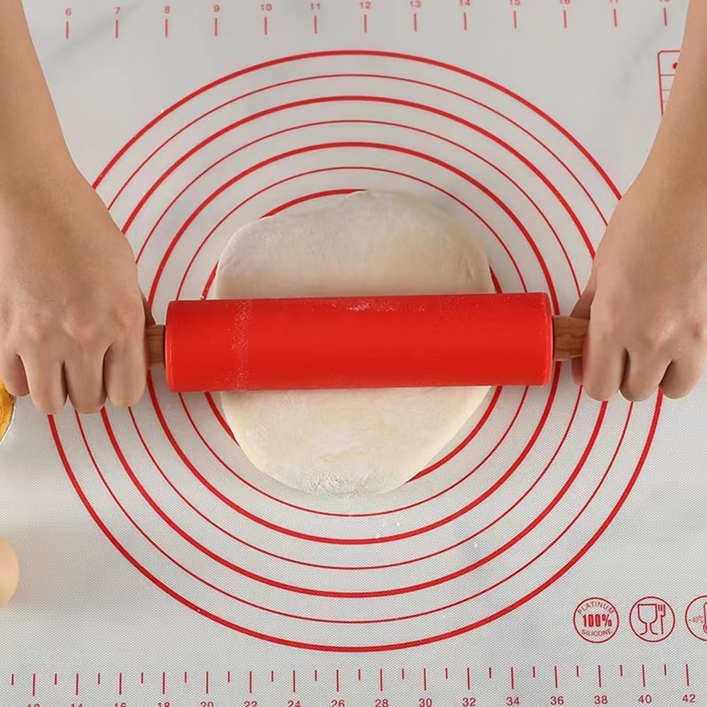 Silicone Rolling Pin with Wooden Handle - Non Stick Surface Dough Roller-roller pins for baking Pastry,Pizza,Fondant,Tortilla, Bread Crus& Christmas Cookies Supplies Gift for Home Bakers.
