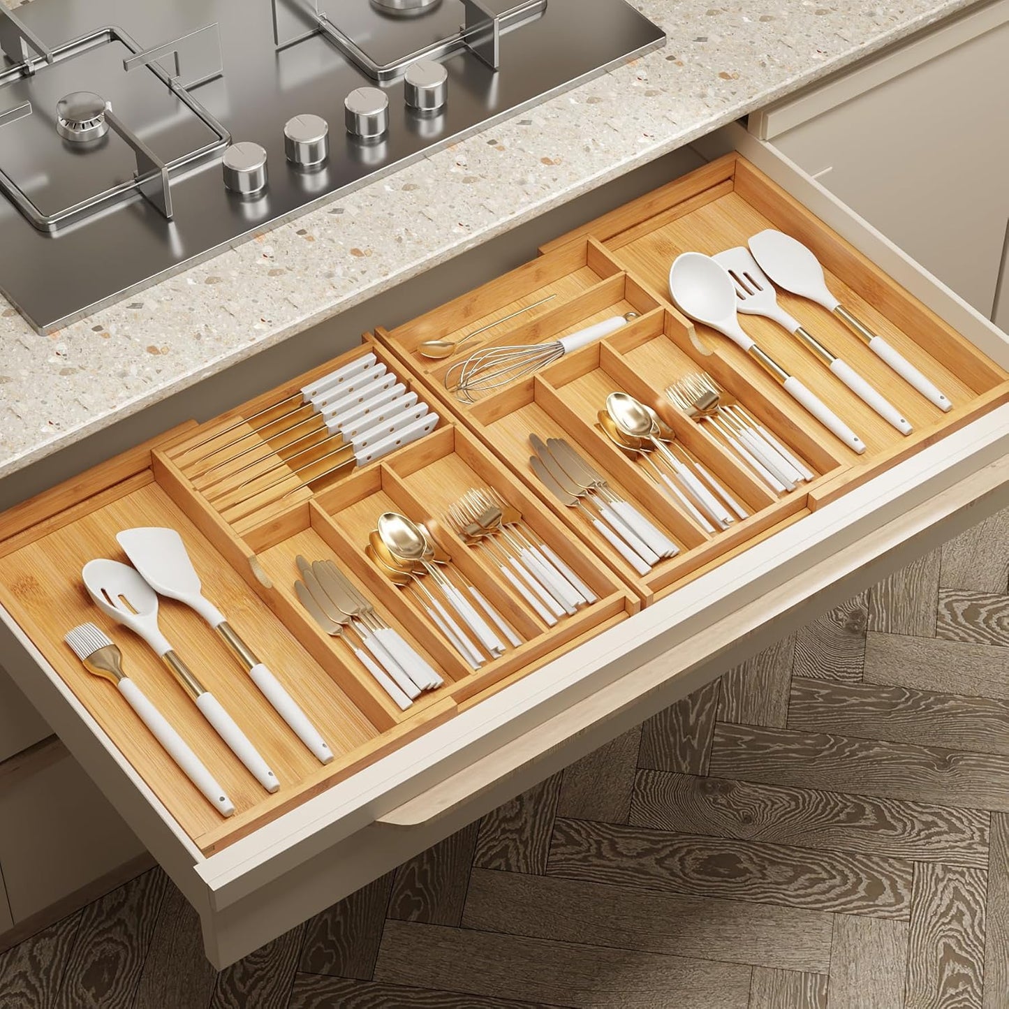 drawer organizer flatware organizer cutlery tray silverware organizer expandable adjustable bamboo drawer organizer kitchen bathroom