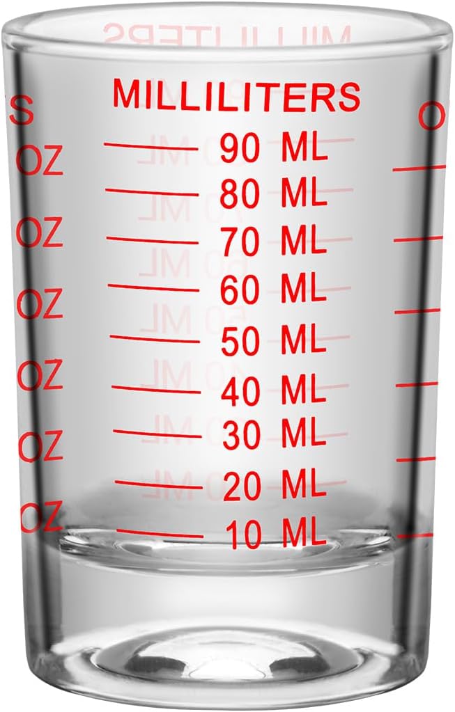 4Pcs Shot Glass Measuring Cup 3 Ounce/90ML Liquid Heavy High Espresso Glass Cup Black Line Espresso Shot Glasses with Measurement (4, Red scale)