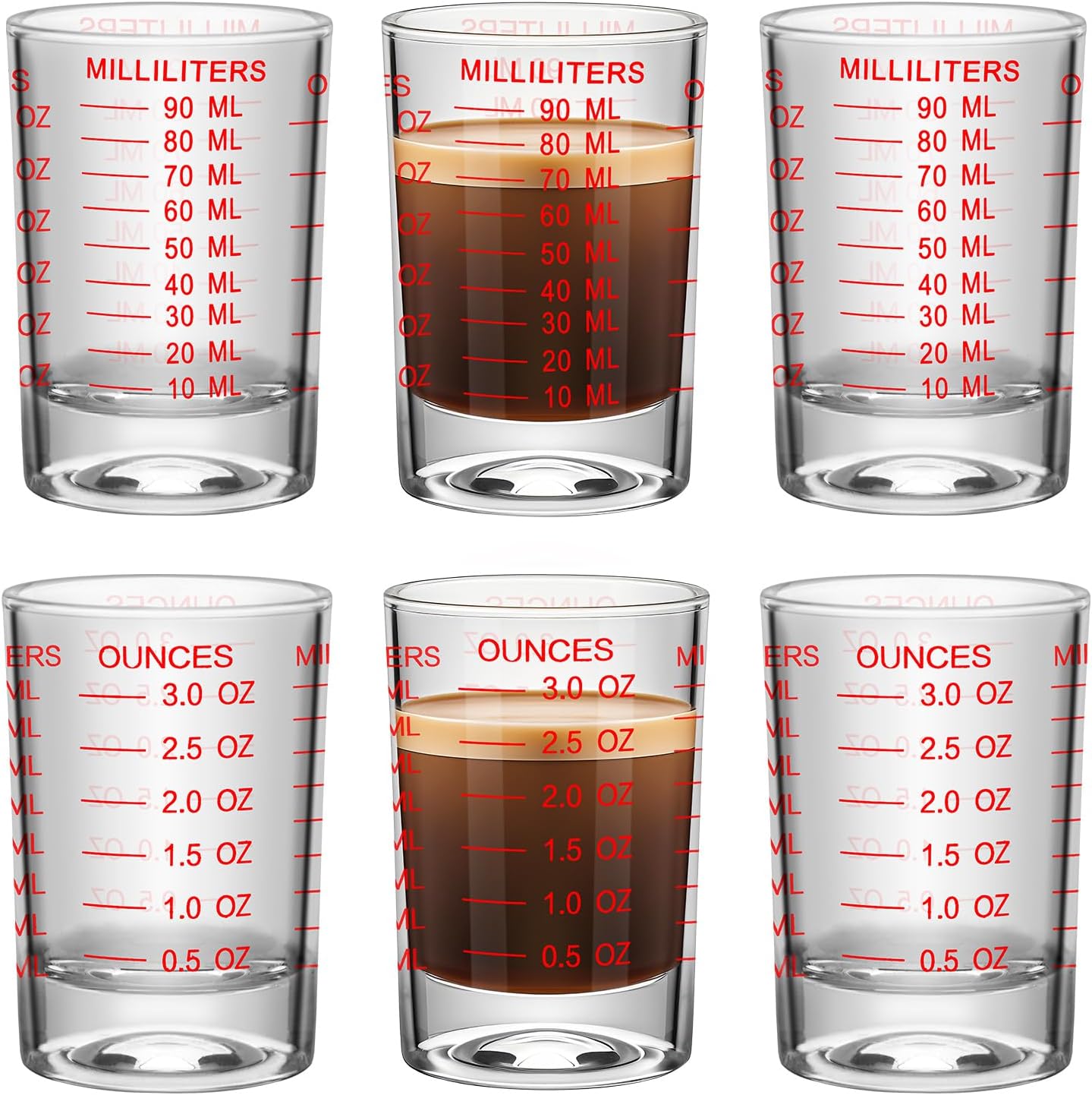 4Pcs Shot Glass Measuring Cup 3 Ounce/90ML Liquid Heavy High Espresso Glass Cup Black Line Espresso Shot Glasses with Measurement (4, Red scale)