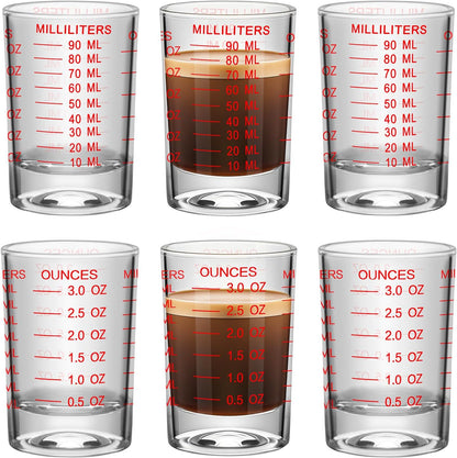 4Pcs Shot Glass Measuring Cup 3 Ounce/90ML Liquid Heavy High Espresso Glass Cup Black Line Espresso Shot Glasses with Measurement (4, Red scale)