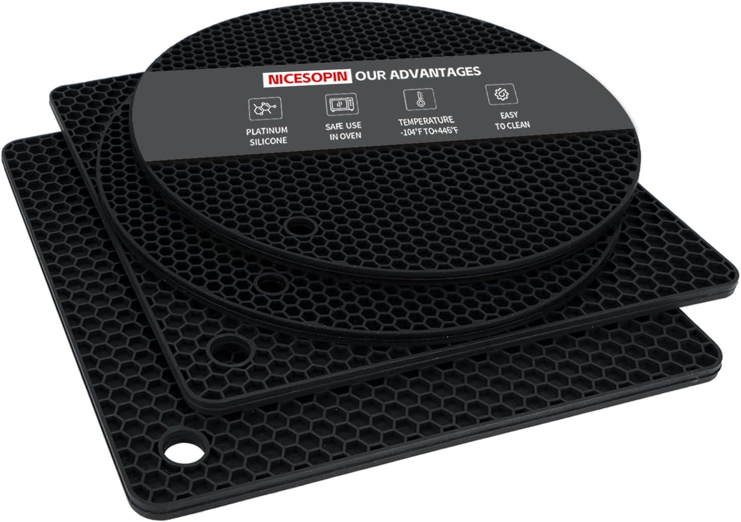 4 Pack Silicone Pot Holders & Hot Pads - Heat Resistant Non-Slip Mats for Kitchen Countertops, Trivets for Hot Dishes, Dishwasher Safe & BPA-Free (Black)