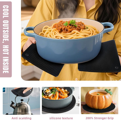 4 Pack Silicone Pot Holders & Hot Pads - Heat Resistant Non-Slip Mats for Kitchen Countertops, Trivets for Hot Dishes, Dishwasher Safe & BPA-Free (Black)