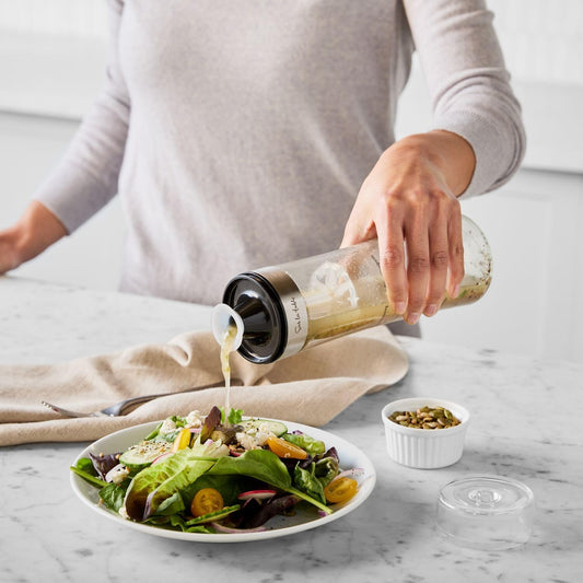 Salad Dressing Shaker – 18 oz Glass Bottle with Emulsifying Wand, Measurement Markings & Built-In Recipes – Mix Vinaigrettes & Caesar Dressings Easily