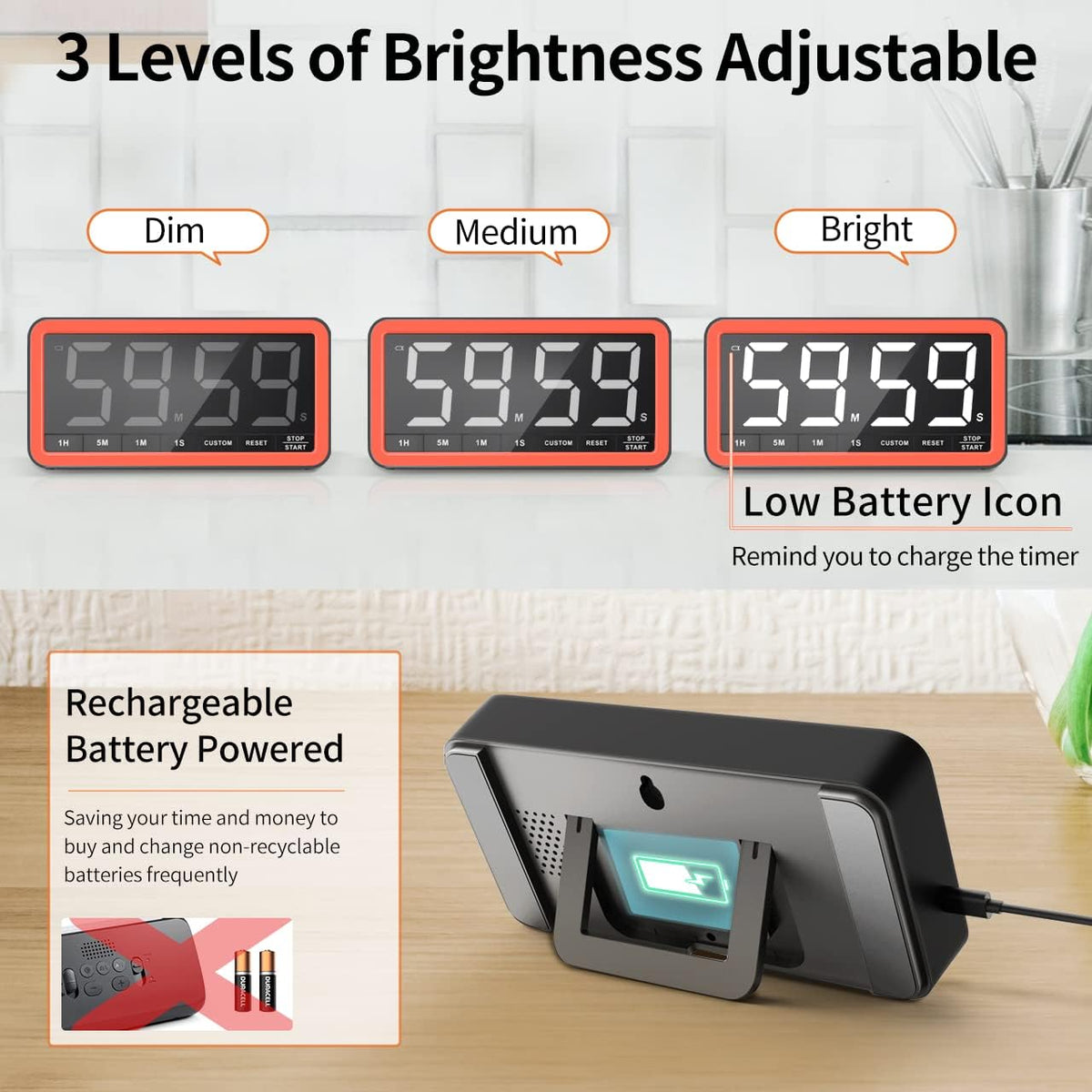 VOCOO Large 7.8" Digital Timer, Magnetic LED Timer for Kitchen & Classroom | USB-C Rechargeable, Up to 99 Hours Count Up & Countdown Timer with 3 Brightness Levels, 4 Alert Modes and 3 Volume Levels