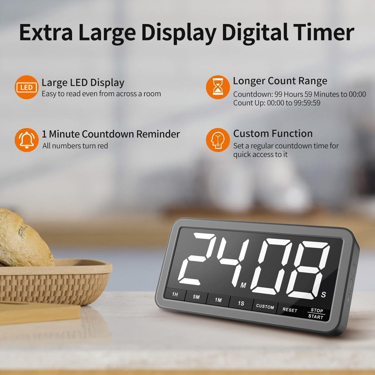 VOCOO Large 7.8" Digital Timer, Magnetic LED Timer for Kitchen & Classroom | USB-C Rechargeable, Up to 99 Hours Count Up & Countdown Timer with 3 Brightness Levels, 4 Alert Modes and 3 Volume Levels
