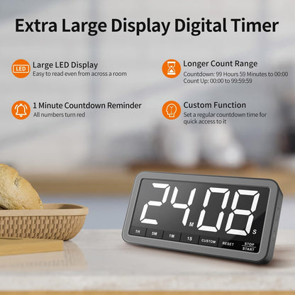 VOCOO Large 7.8" Digital Timer, Magnetic LED Timer for Kitchen & Classroom | USB-C Rechargeable, Up to 99 Hours Count Up & Countdown Timer with 3 Brightness Levels, 4 Alert Modes and 3 Volume Levels