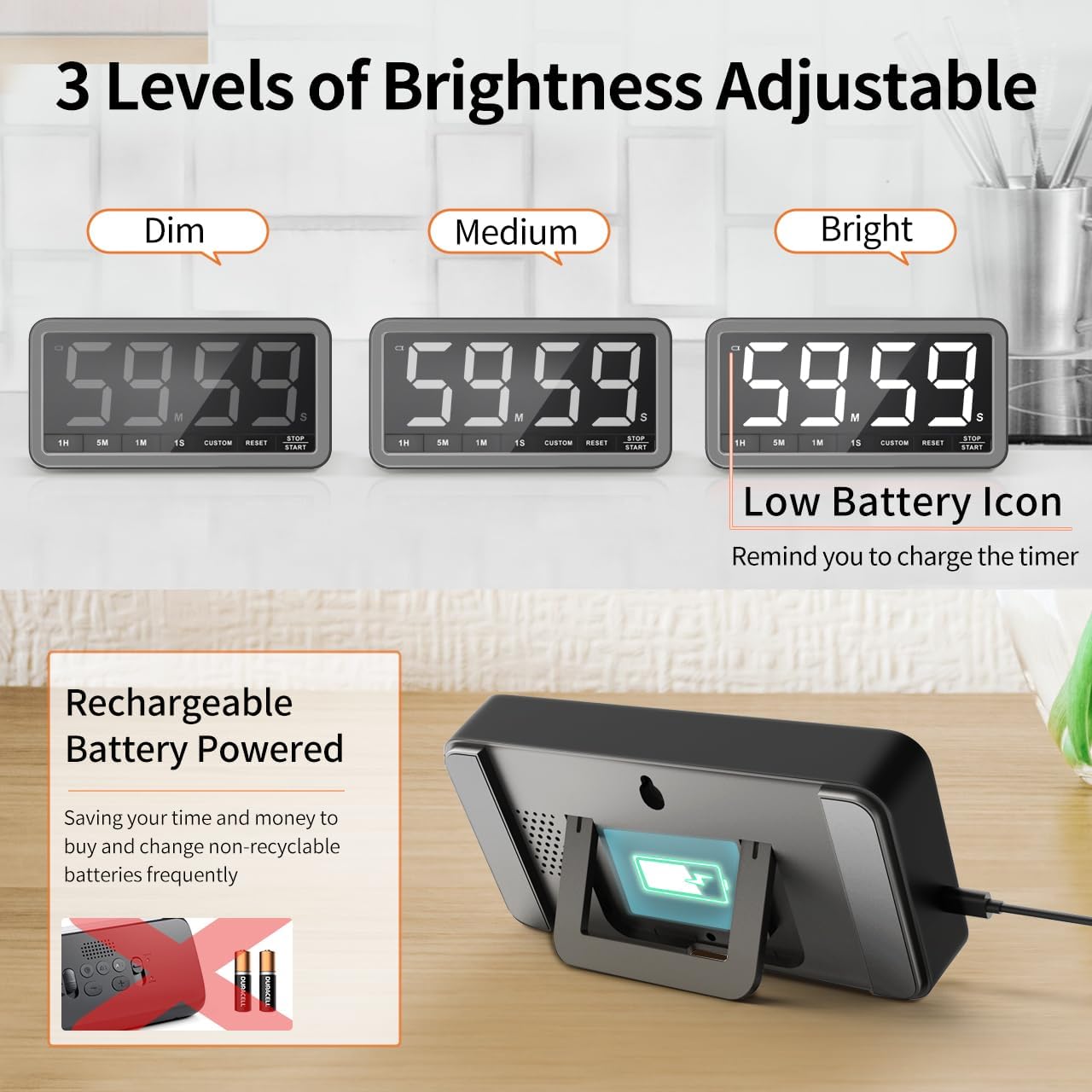 VOCOO Large 7.8" Digital Timer, Magnetic LED Timer for Kitchen & Classroom | USB-C Rechargeable, Up to 99 Hours Count Up & Countdown Timer with 3 Brightness Levels, 4 Alert Modes and 3 Volume Levels