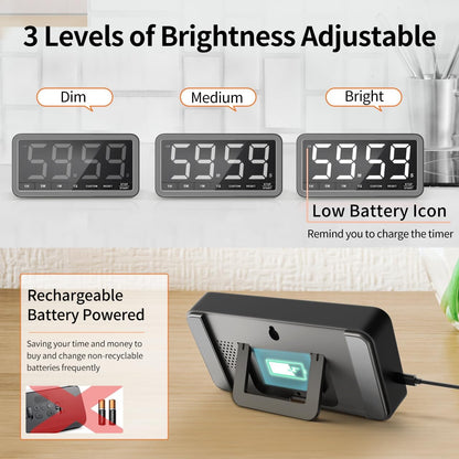 VOCOO Large 7.8" Digital Timer, Magnetic LED Timer for Kitchen & Classroom | USB-C Rechargeable, Up to 99 Hours Count Up & Countdown Timer with 3 Brightness Levels, 4 Alert Modes and 3 Volume Levels