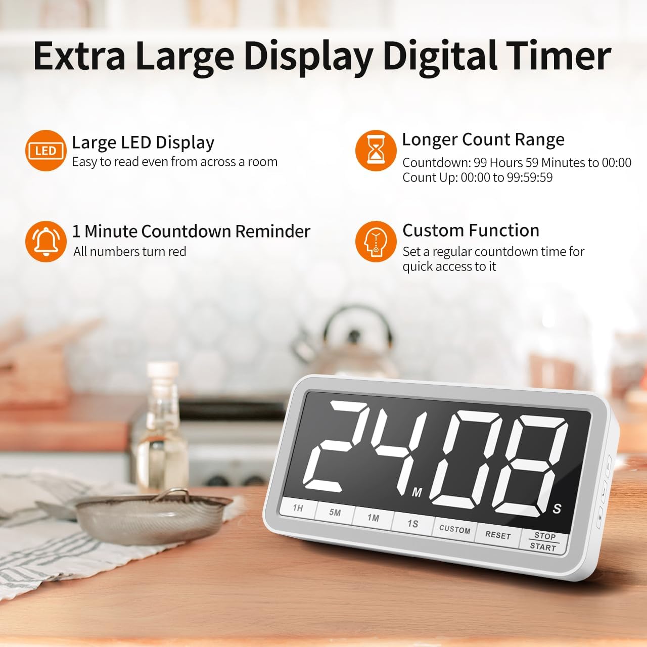 VOCOO Large 7.8" Digital Timer, Magnetic LED Timer for Kitchen & Classroom | USB-C Rechargeable, Up to 99 Hours Count Up & Countdown Timer with 3 Brightness Levels, 4 Alert Modes and 3 Volume Levels