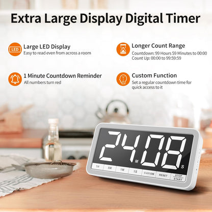 VOCOO Large 7.8" Digital Timer, Magnetic LED Timer for Kitchen & Classroom | USB-C Rechargeable, Up to 99 Hours Count Up & Countdown Timer with 3 Brightness Levels, 4 Alert Modes and 3 Volume Levels