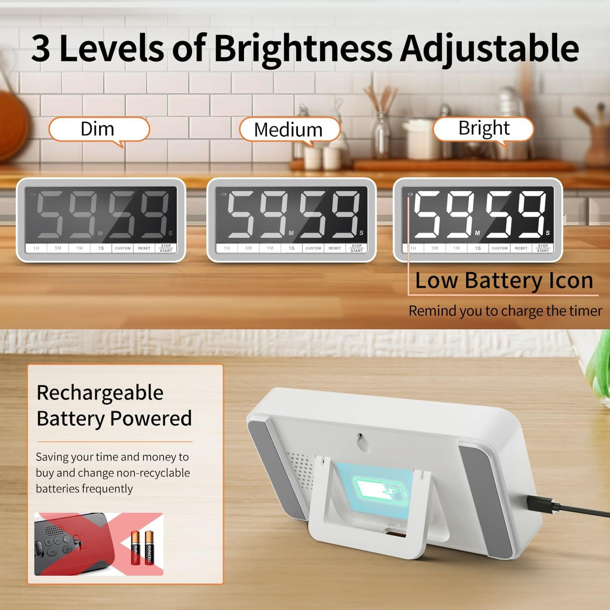 VOCOO Large 7.8" Digital Timer, Magnetic LED Timer for Kitchen & Classroom | USB-C Rechargeable, Up to 99 Hours Count Up & Countdown Timer with 3 Brightness Levels, 4 Alert Modes and 3 Volume Levels