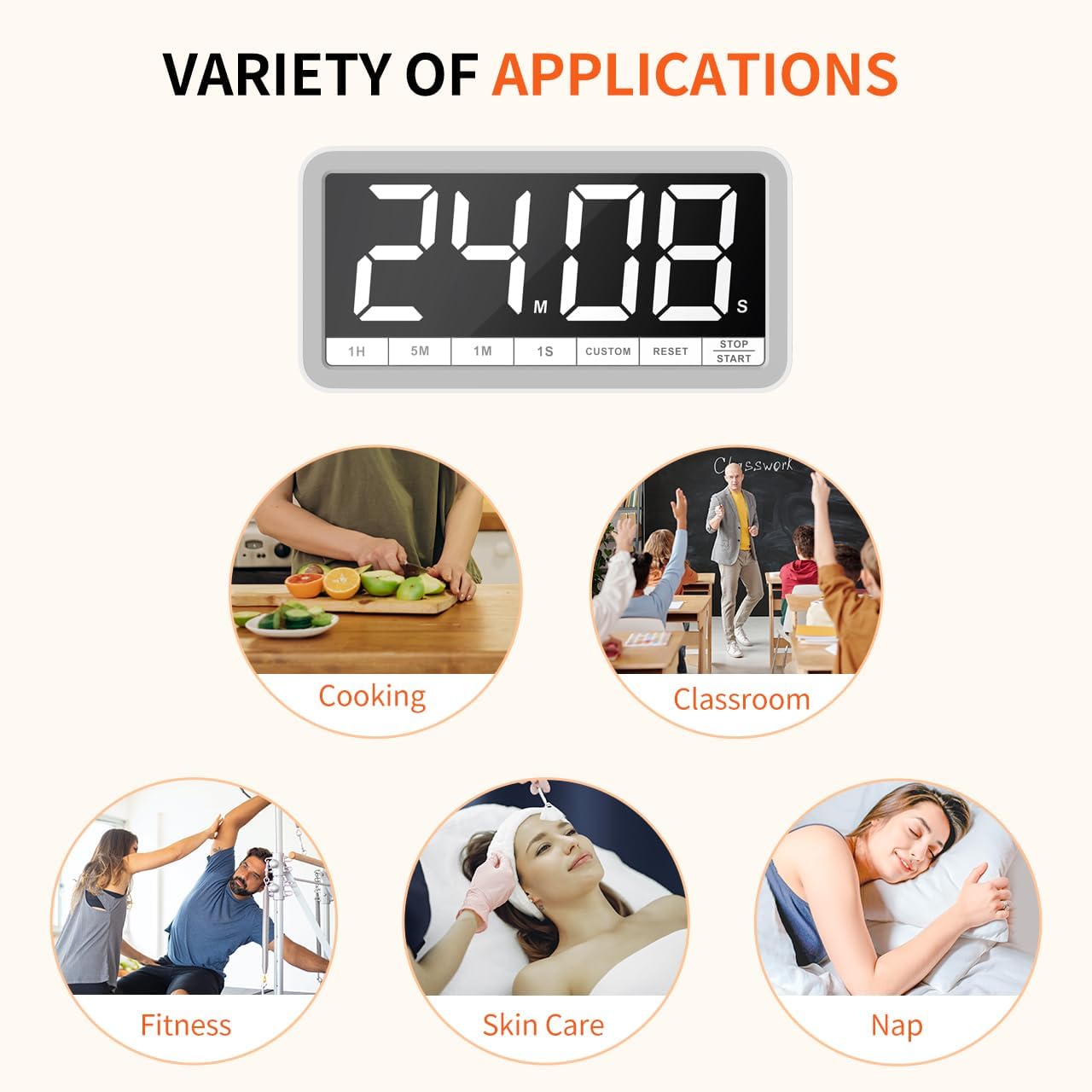VOCOO Large 7.8" Digital Timer, Magnetic LED Timer for Kitchen & Classroom | USB-C Rechargeable, Up to 99 Hours Count Up & Countdown Timer with 3 Brightness Levels, 4 Alert Modes and 3 Volume Levels