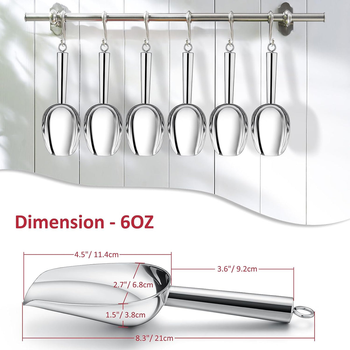 6Oz Ice Scoop, 2Pc Stainless Steel Ice Scoopers for Freezer, Silver