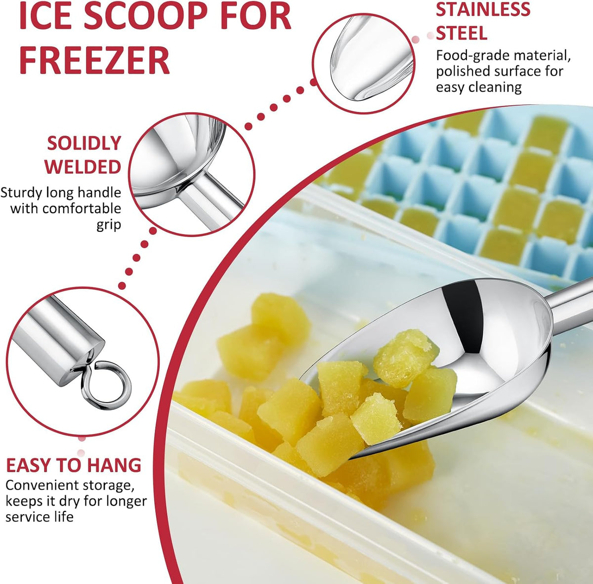 6Oz Ice Scoop, 2Pc Stainless Steel Ice Scoopers for Freezer, Silver
