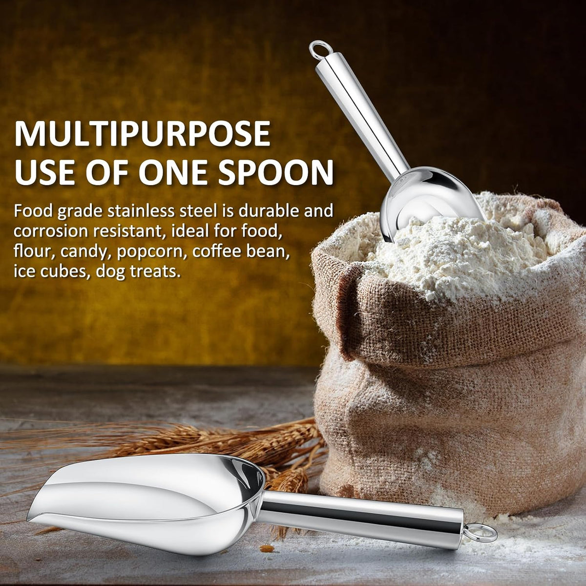 6Oz Ice Scoop, 2Pc Stainless Steel Ice Scoopers for Freezer, Silver