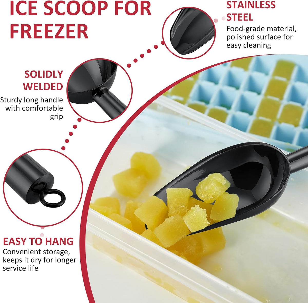 6Oz Ice Scoop, 2Pc Stainless Steel Ice Scoopers for Freezer, Silver