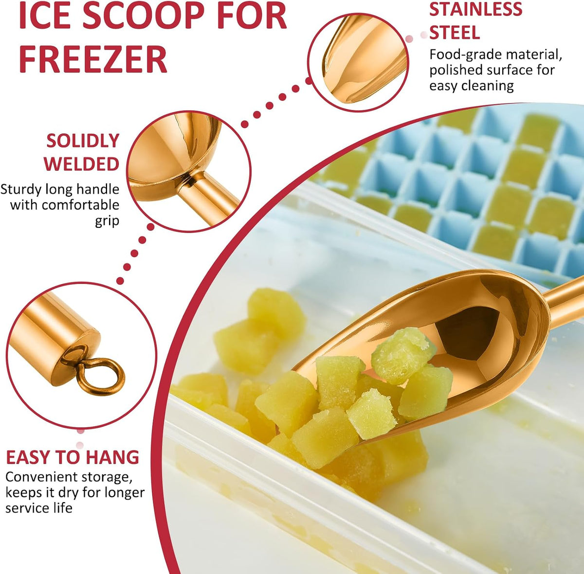 6Oz Ice Scoop, 2Pc Stainless Steel Ice Scoopers for Freezer, Silver