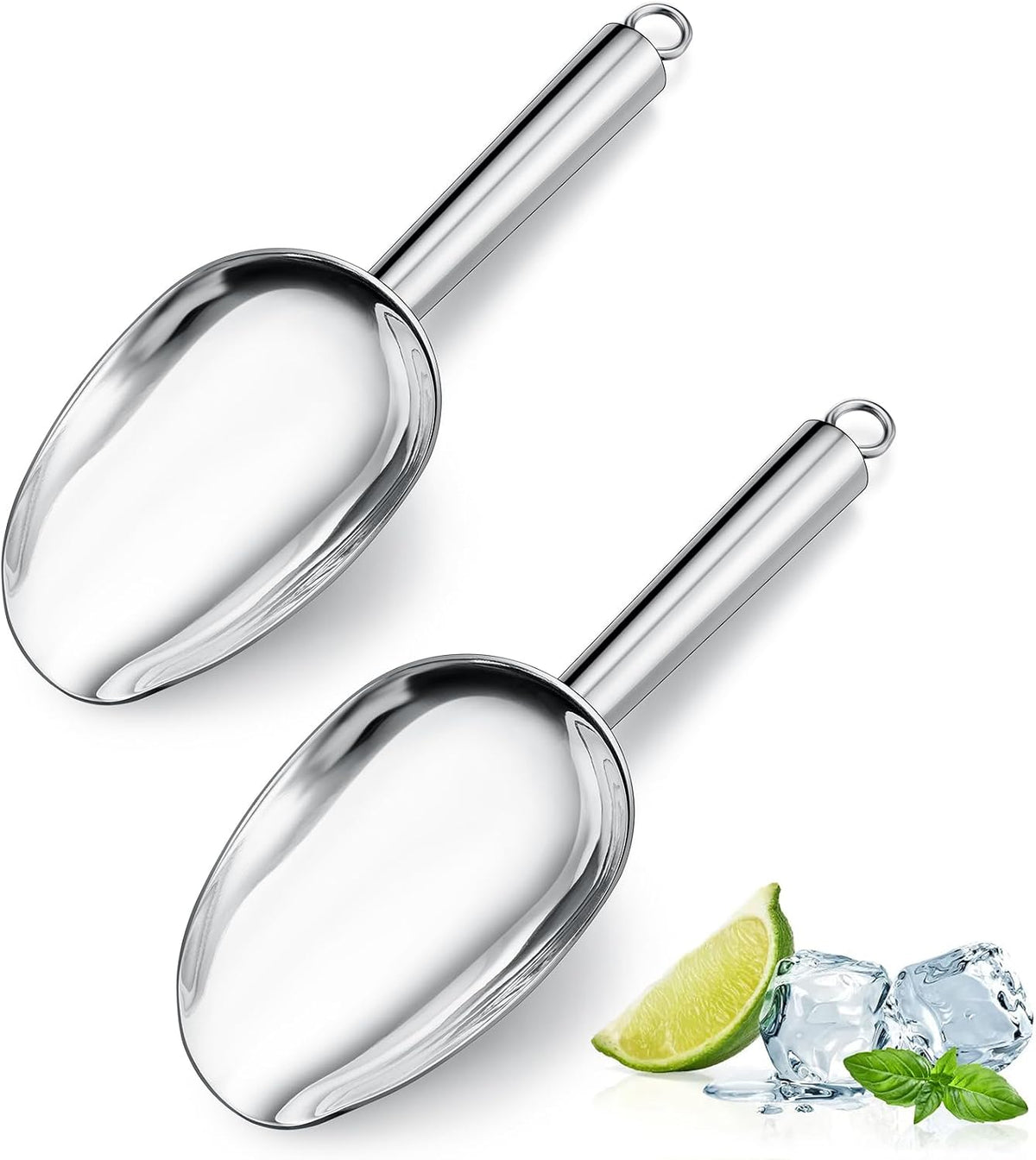 6Oz Ice Scoop, 2Pc Stainless Steel Ice Scoopers for Freezer, Silver