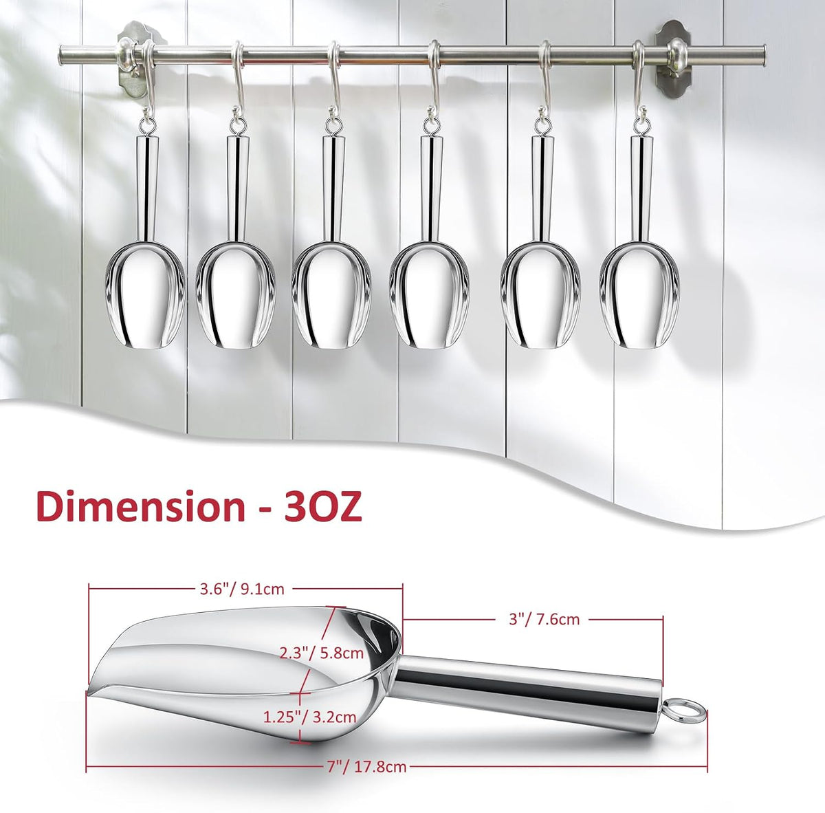 6Oz Ice Scoop, 2Pc Stainless Steel Ice Scoopers for Freezer, Silver