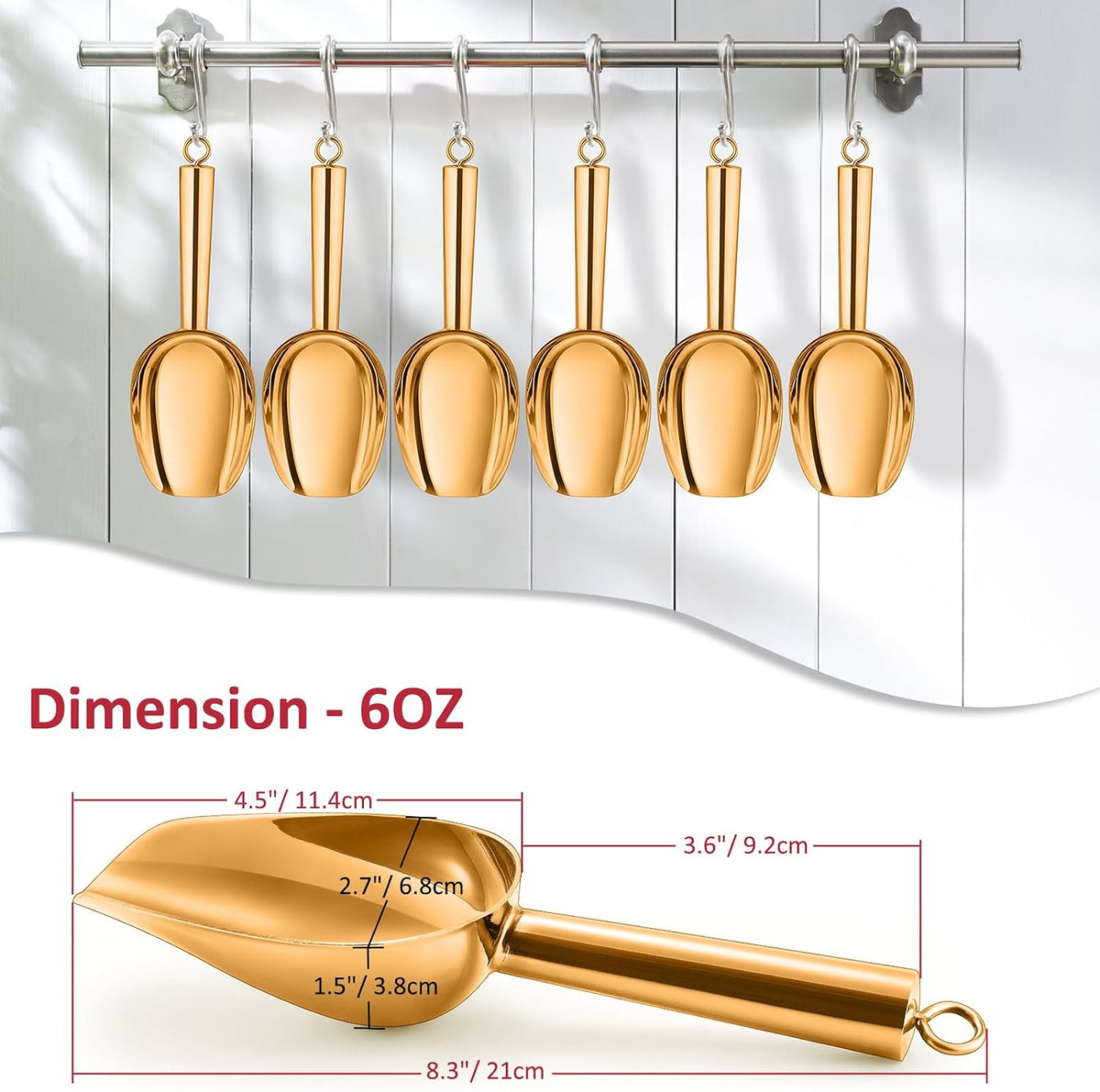 6Oz Ice Scoop, 2Pc Stainless Steel Ice Scoopers for Freezer, Silver