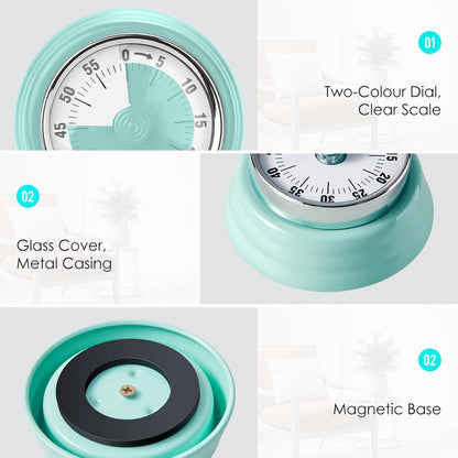 Visual Timer, Kitchen Timer with Magnetic Base (Mint Green) | 60-Minute Countdown Timer Mechanical Clockwork Ringer Alert, Time Management Tool for Children and Adults, Study/Work/Cooking