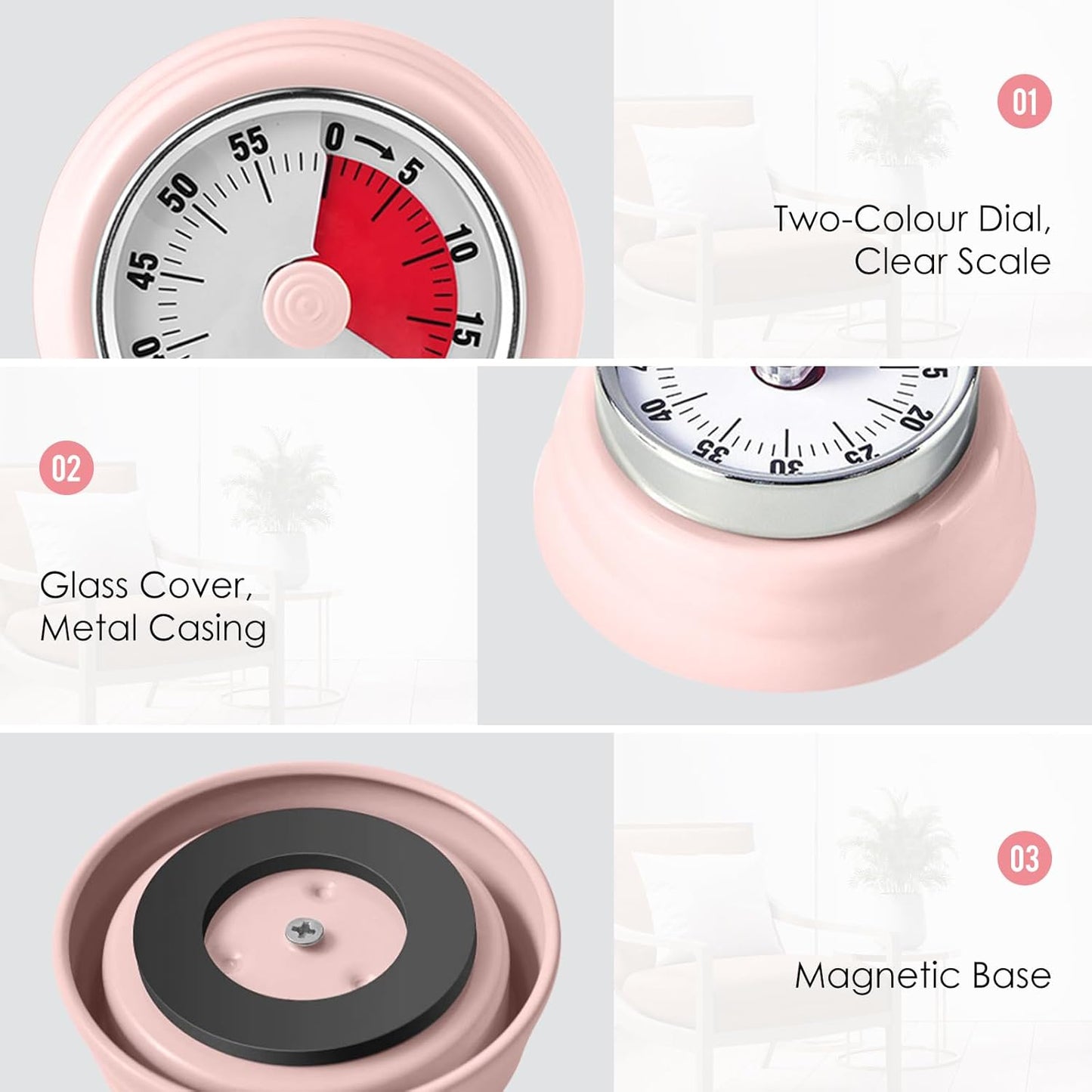 Visual Timer, Kitchen Timer with Magnetic Base (Mint Green) | 60-Minute Countdown Timer Mechanical Clockwork Ringer Alert, Time Management Tool for Children and Adults, Study/Work/Cooking