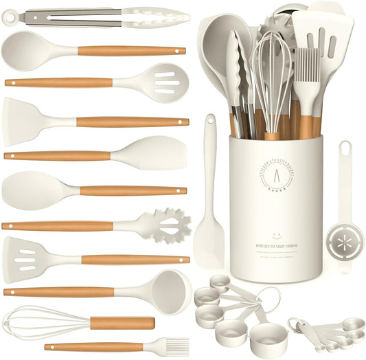 Silicone Cooking Utensils Set, Silicone Utensils for Cooking, 446° Heat Resistant Kitchen Utensil Silicone Spatula Sets, Kitchen Gadgets for Non-Stick Cookware BPA FREE (Cream White)