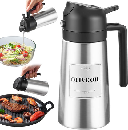 Olive Oil Sprayer for Cooking, Olive Oil Dispenser Bottle, Black | 2-in-1, 16 fl oz stainless steel oil dispenser; ceramic interior, mist spray and smooth pour for air fryer, BBQ and salad.