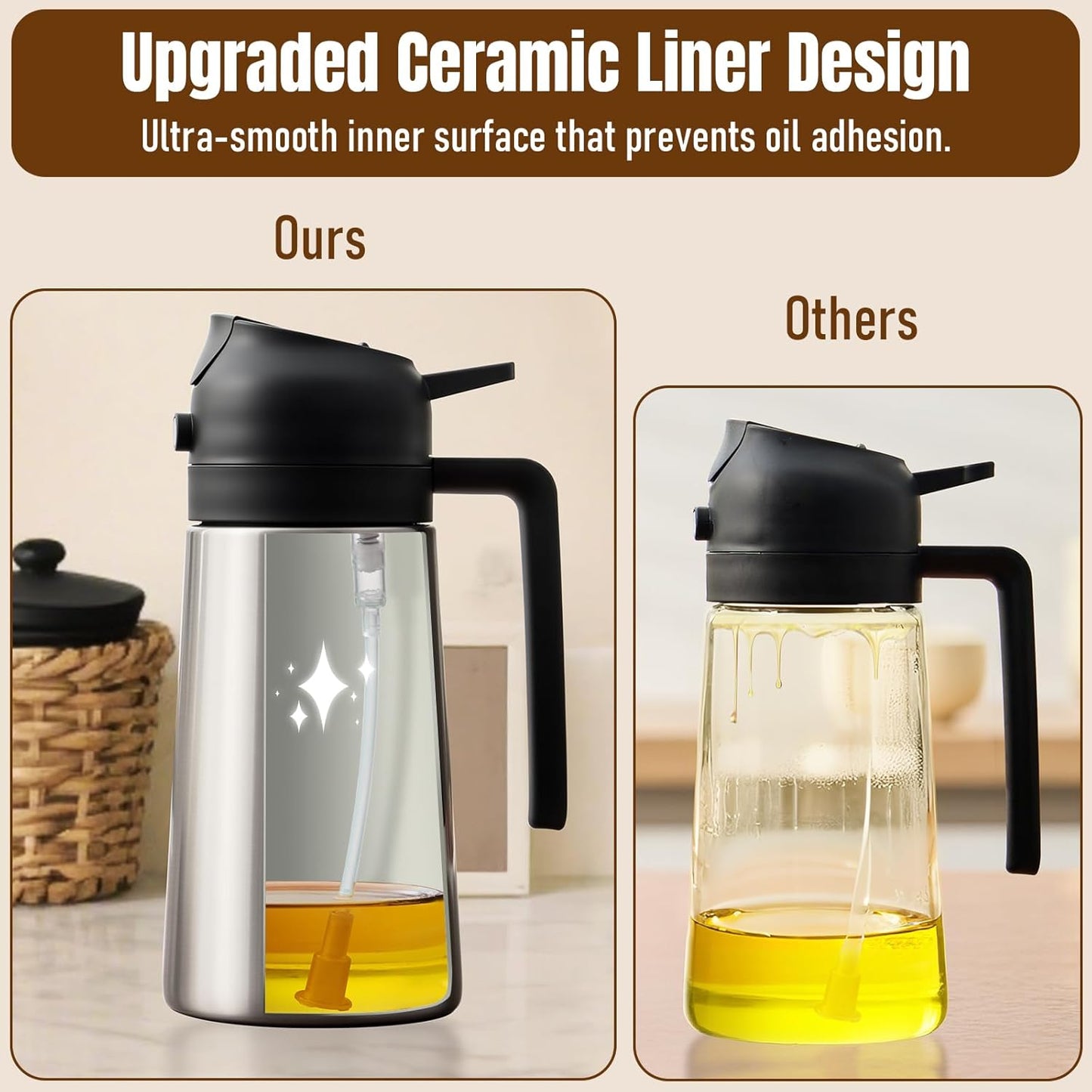 Olive Oil Sprayer for Cooking, Olive Oil Dispenser Bottle, Black | 2-in-1, 16 fl oz stainless steel oil dispenser; ceramic interior, mist spray and smooth pour for air fryer, BBQ and salad.