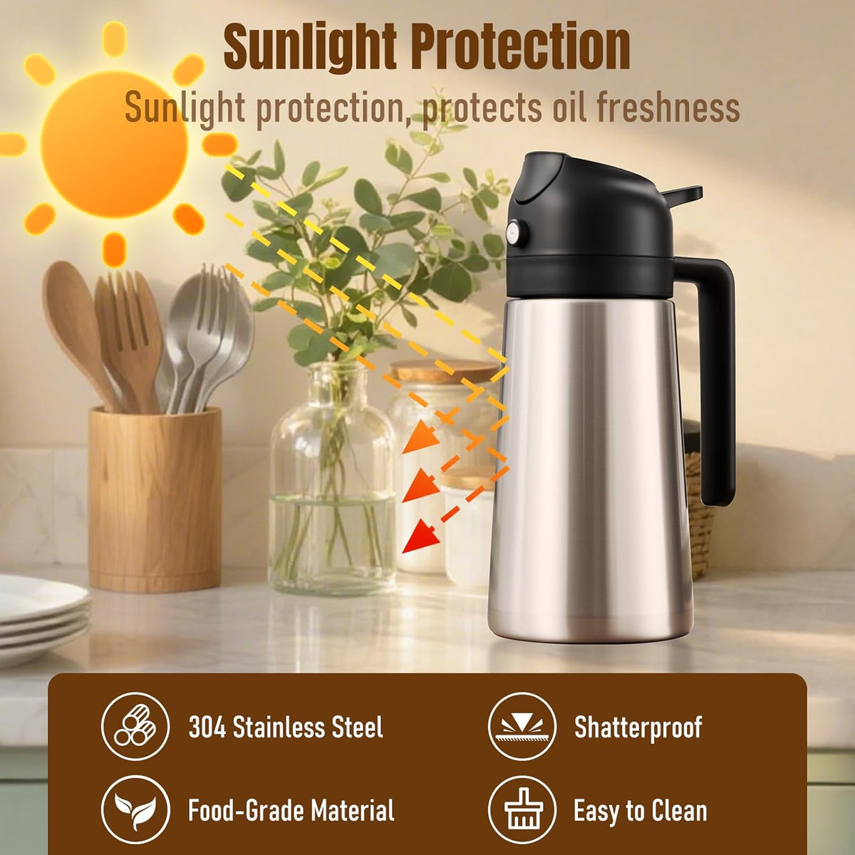 Olive Oil Sprayer for Cooking, Olive Oil Dispenser Bottle, Black | 2-in-1, 16 fl oz stainless steel oil dispenser; ceramic interior, mist spray and smooth pour for air fryer, BBQ and salad.