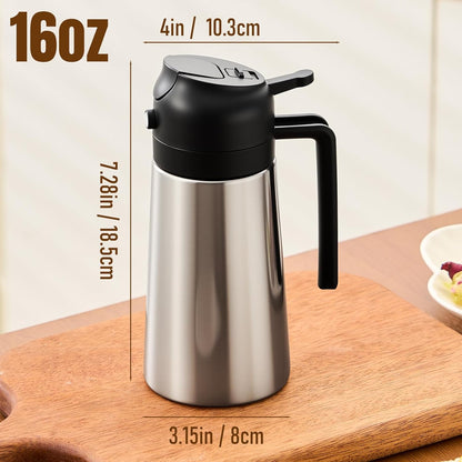 Olive Oil Sprayer for Cooking, Olive Oil Dispenser Bottle, Black | 2-in-1, 16 fl oz stainless steel oil dispenser; ceramic interior, mist spray and smooth pour for air fryer, BBQ and salad.