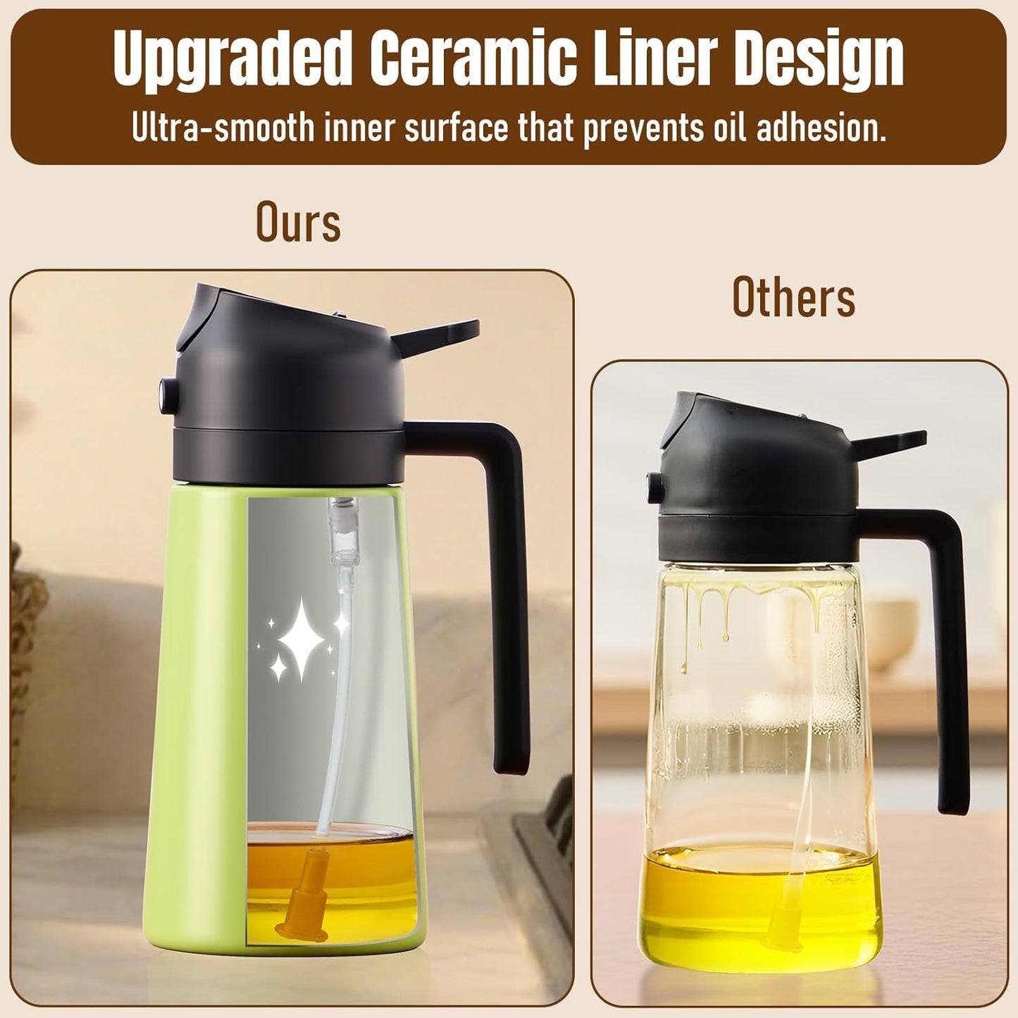 Olive Oil Sprayer for Cooking, Olive Oil Dispenser Bottle, Black | 2-in-1, 16 fl oz stainless steel oil dispenser; ceramic interior, mist spray and smooth pour for air fryer, BBQ and salad.