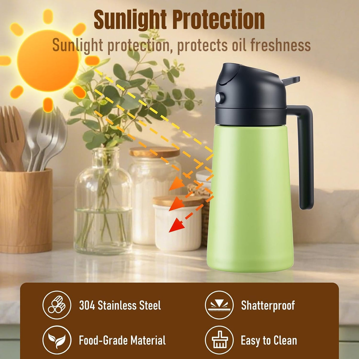Olive Oil Sprayer for Cooking, Olive Oil Dispenser Bottle, Black | 2-in-1, 16 fl oz stainless steel oil dispenser; ceramic interior, mist spray and smooth pour for air fryer, BBQ and salad.