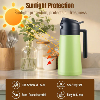 Olive Oil Sprayer for Cooking, Olive Oil Dispenser Bottle, Black | 2-in-1, 16 fl oz stainless steel oil dispenser; ceramic interior, mist spray and smooth pour for air fryer, BBQ and salad.