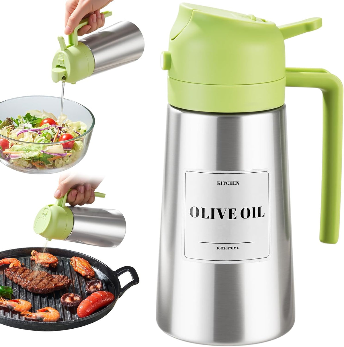 Olive Oil Sprayer for Cooking, Olive Oil Dispenser Bottle, Black | 2-in-1, 16 fl oz stainless steel oil dispenser; ceramic interior, mist spray and smooth pour for air fryer, BBQ and salad.