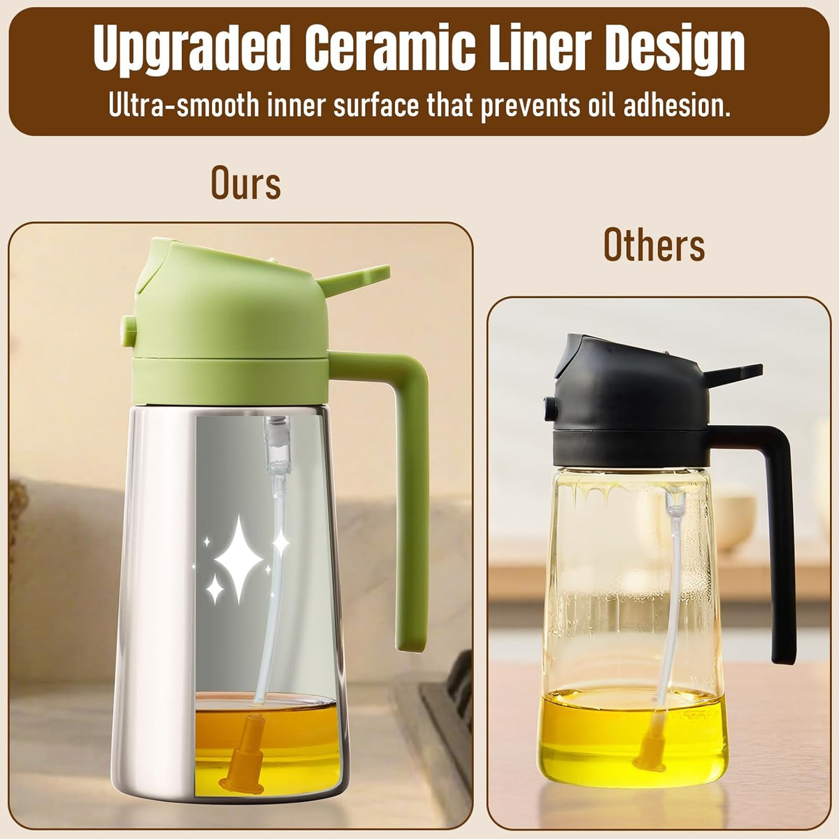 Olive Oil Sprayer for Cooking, Olive Oil Dispenser Bottle, Black | 2-in-1, 16 fl oz stainless steel oil dispenser; ceramic interior, mist spray and smooth pour for air fryer, BBQ and salad.