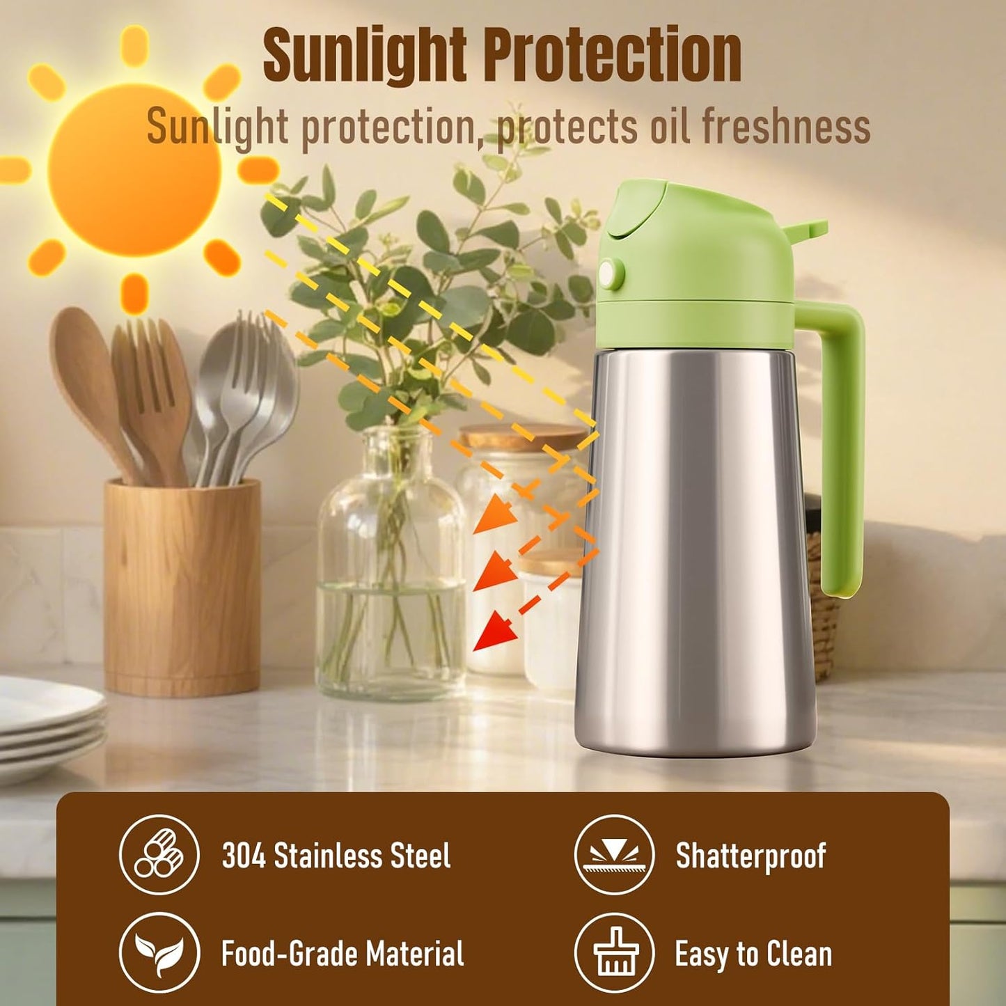 Olive Oil Sprayer for Cooking, Olive Oil Dispenser Bottle, Black | 2-in-1, 16 fl oz stainless steel oil dispenser; ceramic interior, mist spray and smooth pour for air fryer, BBQ and salad.