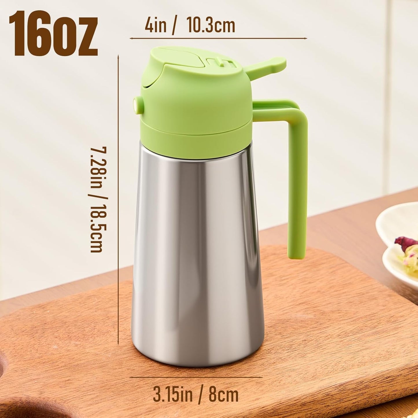 Olive Oil Sprayer for Cooking, Olive Oil Dispenser Bottle, Black | 2-in-1, 16 fl oz stainless steel oil dispenser; ceramic interior, mist spray and smooth pour for air fryer, BBQ and salad.