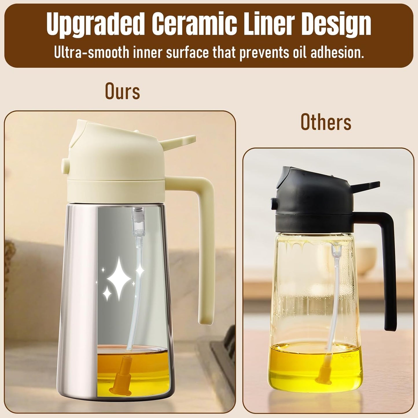 Olive Oil Sprayer for Cooking, Olive Oil Dispenser Bottle, Black | 2-in-1, 16 fl oz stainless steel oil dispenser; ceramic interior, mist spray and smooth pour for air fryer, BBQ and salad.