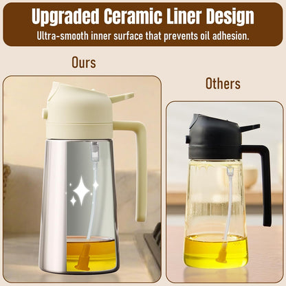 Olive Oil Sprayer for Cooking, Olive Oil Dispenser Bottle, Black | 2-in-1, 16 fl oz stainless steel oil dispenser; ceramic interior, mist spray and smooth pour for air fryer, BBQ and salad.