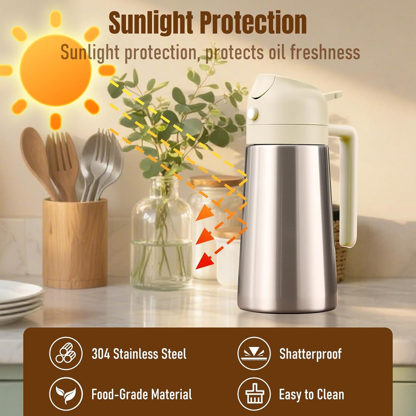 Olive Oil Sprayer for Cooking, Olive Oil Dispenser Bottle, Black | 2-in-1, 16 fl oz stainless steel oil dispenser; ceramic interior, mist spray and smooth pour for air fryer, BBQ and salad.