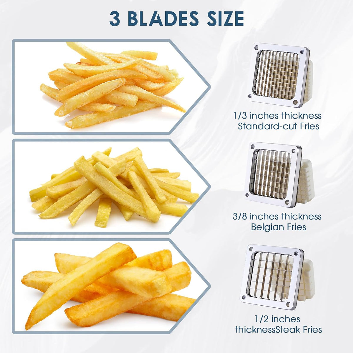 Commercial French Fry Cutter Stainless Steel Potato Cutter with 1/2,1/3,3/8 Inch Blade and 8-wedge balde, Heavy Duty Potato Slicer Manual Potato Chopper Set for Sweet Potato, Carrot, Cucumbers