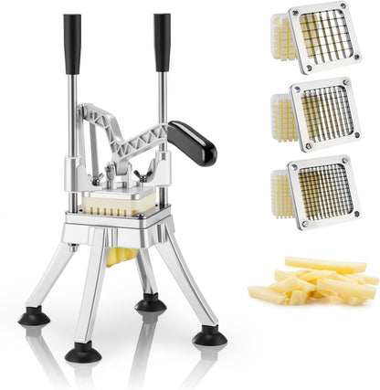 Commercial French Fry Cutter Stainless Steel Potato Cutter with 1/2,1/3,3/8 Inch Blade and 8-wedge balde, Heavy Duty Potato Slicer Manual Potato Chopper Set for Sweet Potato, Carrot, Cucumbers