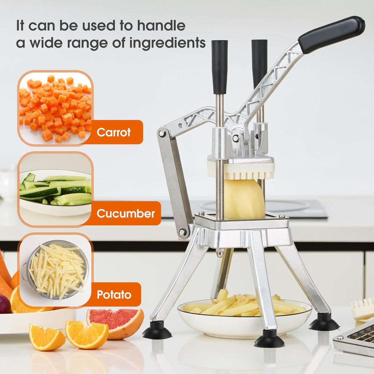 Commercial French Fry Cutter Stainless Steel Potato Cutter with 1/2,1/3,3/8 Inch Blade and 8-wedge balde, Heavy Duty Potato Slicer Manual Potato Chopper Set for Sweet Potato, Carrot, Cucumbers
