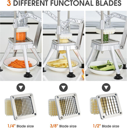 Commercial French Fry Cutter Stainless Steel Potato Cutter with 1/2,1/3,3/8 Inch Blade and 8-wedge balde, Heavy Duty Potato Slicer Manual Potato Chopper Set for Sweet Potato, Carrot, Cucumbers